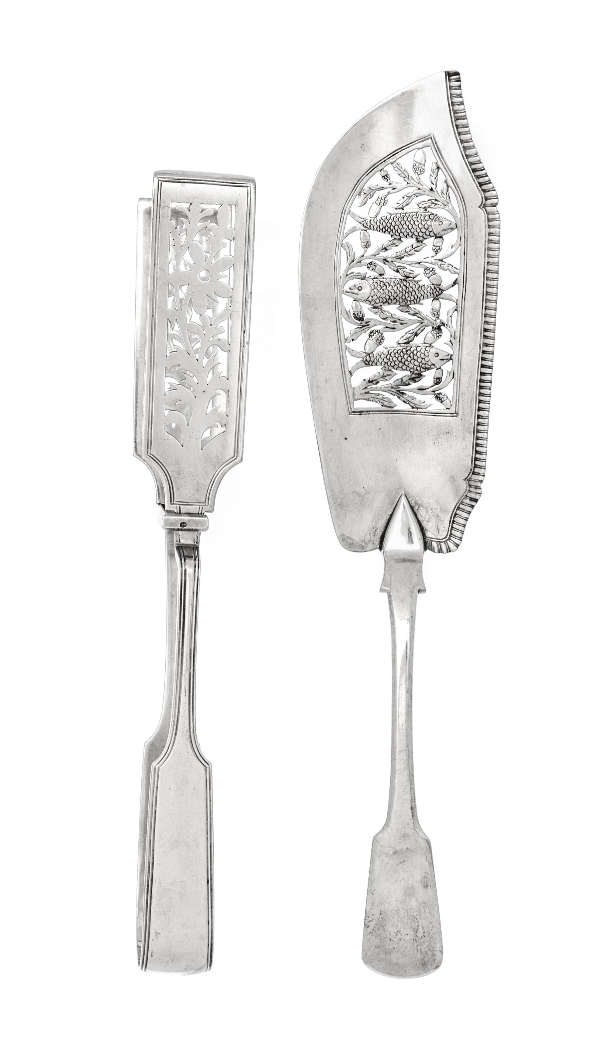 Two English Silver Serving Articles, , comprising a pair of asparagus tongs, Edward & John Barnard, London, 1861, with thread borders a
