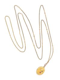 A 14 Karat Yellow Gold, Rolled Gold, Ruby, Diamond and Sapphire Locket Necklace, 15.30 dwts.