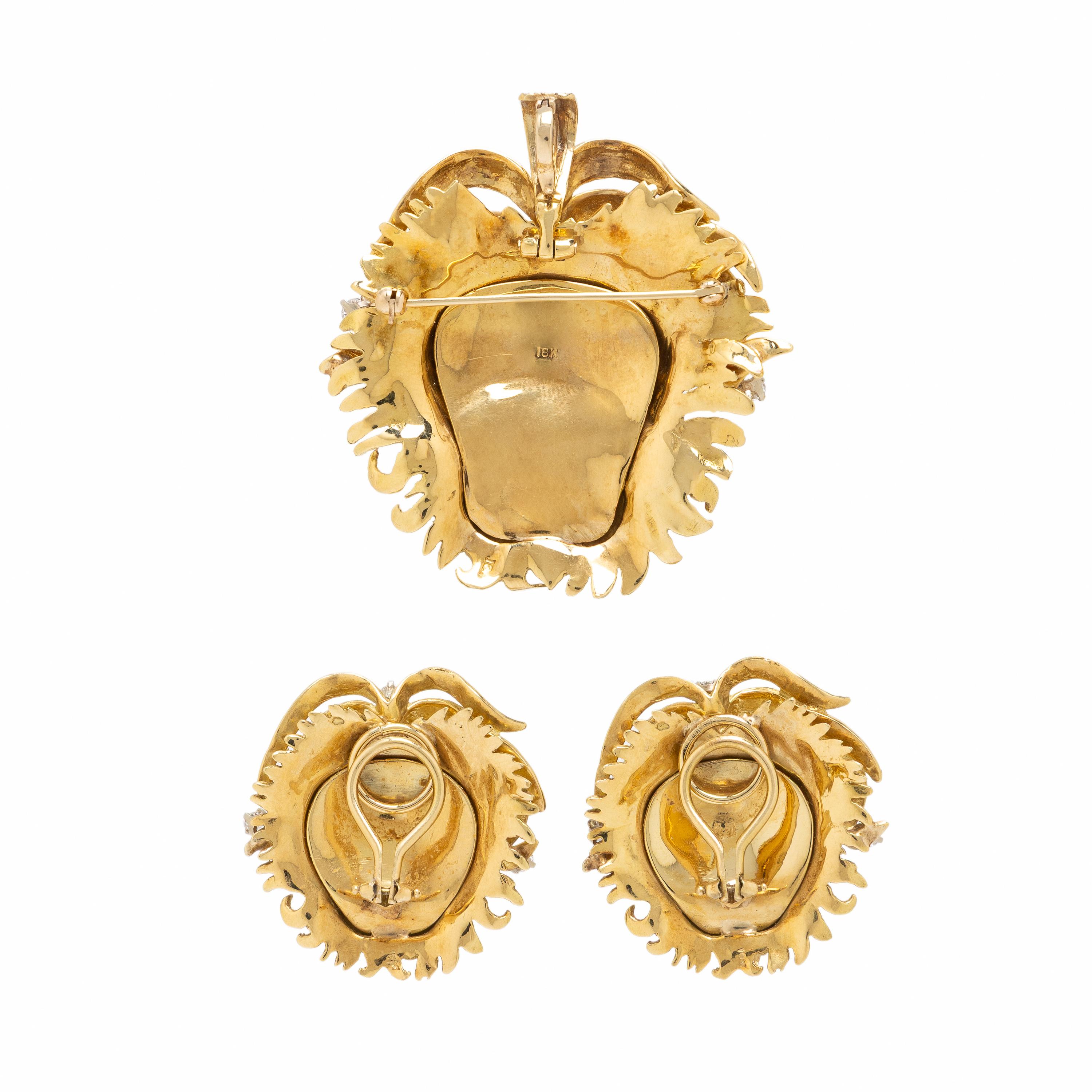 Yellow Gold and Diamond Lion Brooch and Earrings