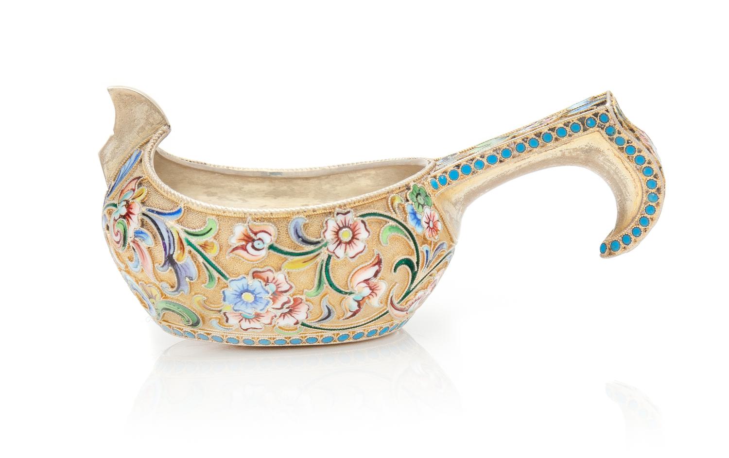 A Russian Silver-Gilt and Enamel Kovsh, Mark of the 11th Artel, Moscow, 20th Century, with polychrome enameled floral and foliate decor