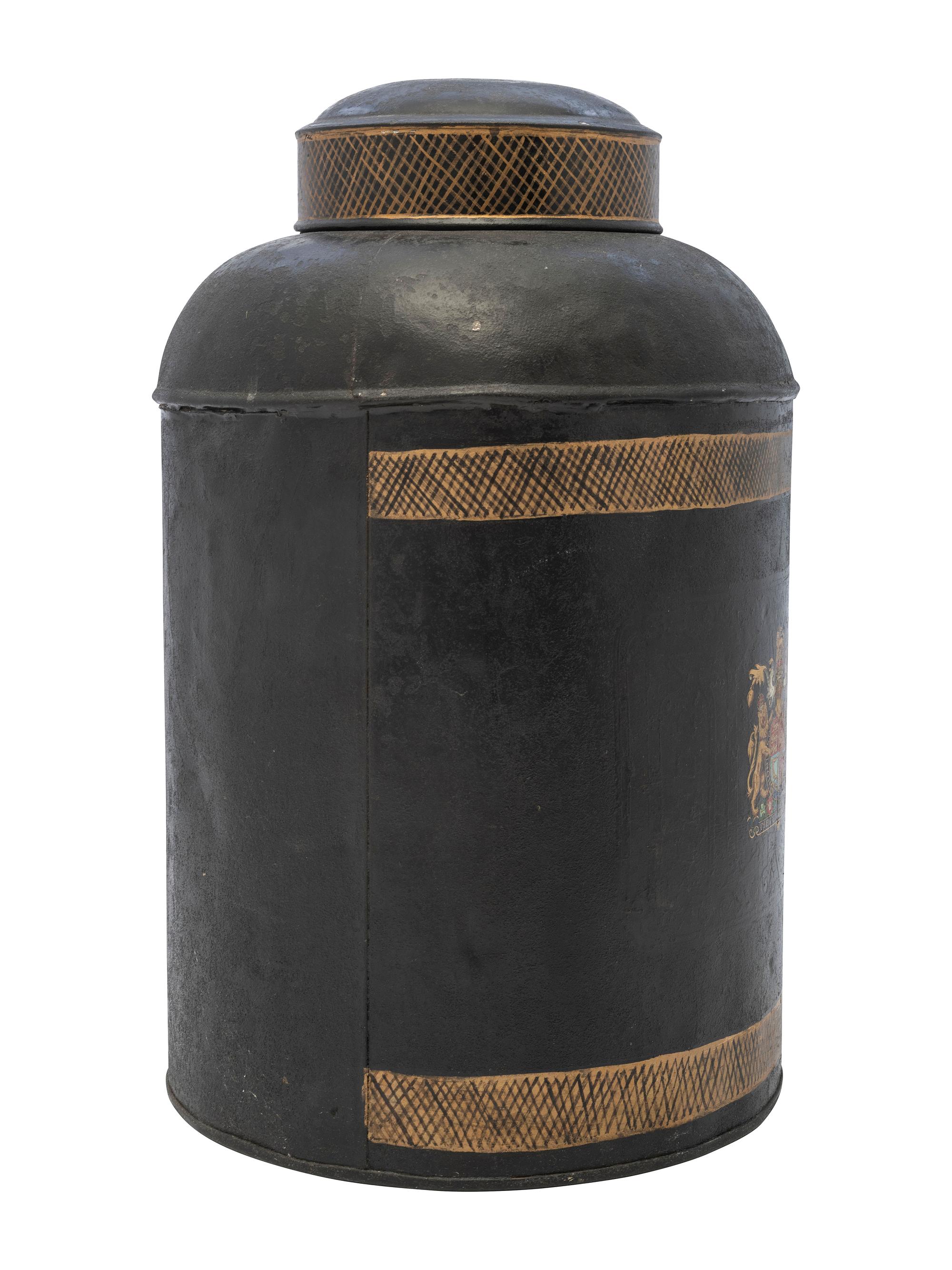 An English Armorial Tole Painted Tea Canister