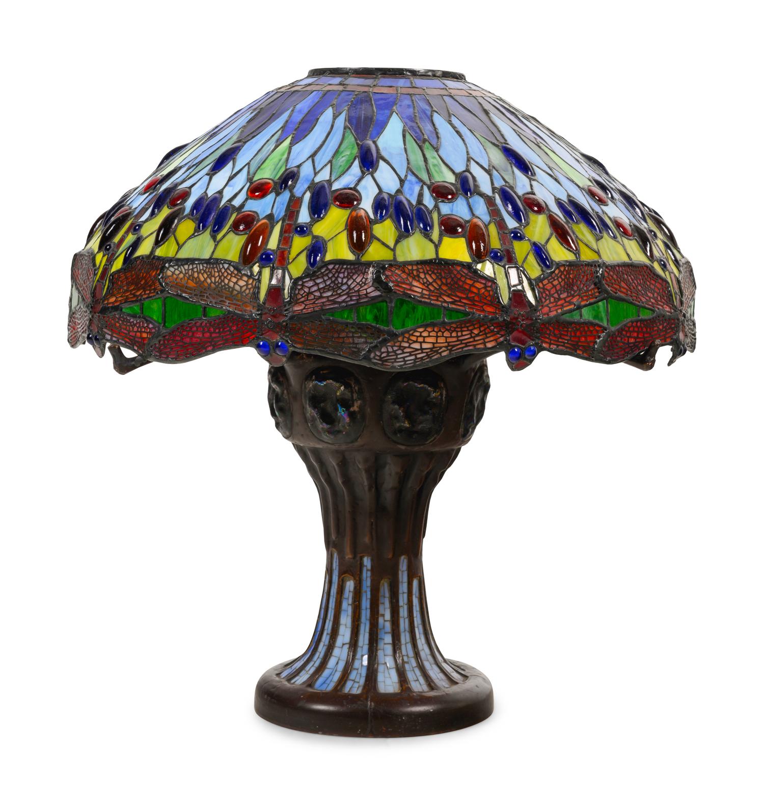 An Art Nouveau Style Cast Bronze and Leaded Glass Dragonfly Table Lamp