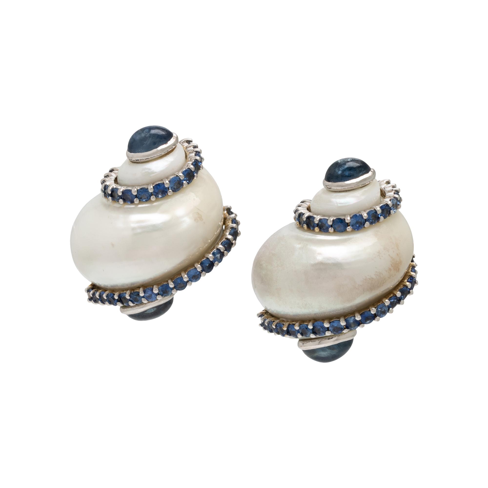 Seaman Schepps, Sapphire, Turbo Shell, and White Gold Earrings