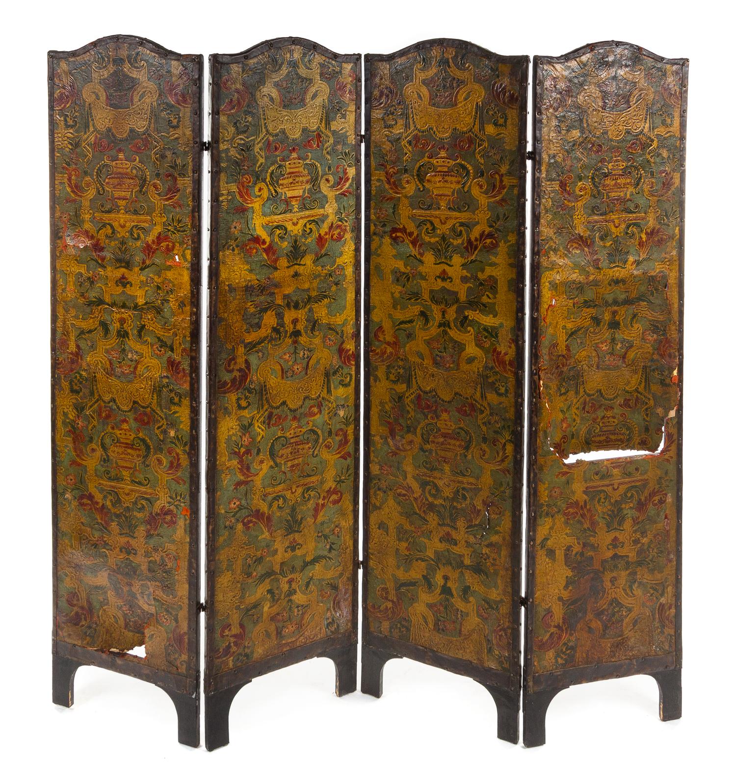 A Spanish Tooled Leather Four-Panel Floor Screen Height 74 1/2 x width of each panel 18 inches.