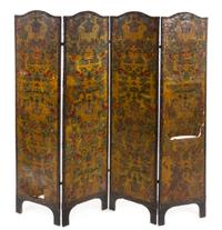 A Spanish Tooled Leather Four-Panel Floor Screen Height 74 1/2 x width of each panel 18 inches.