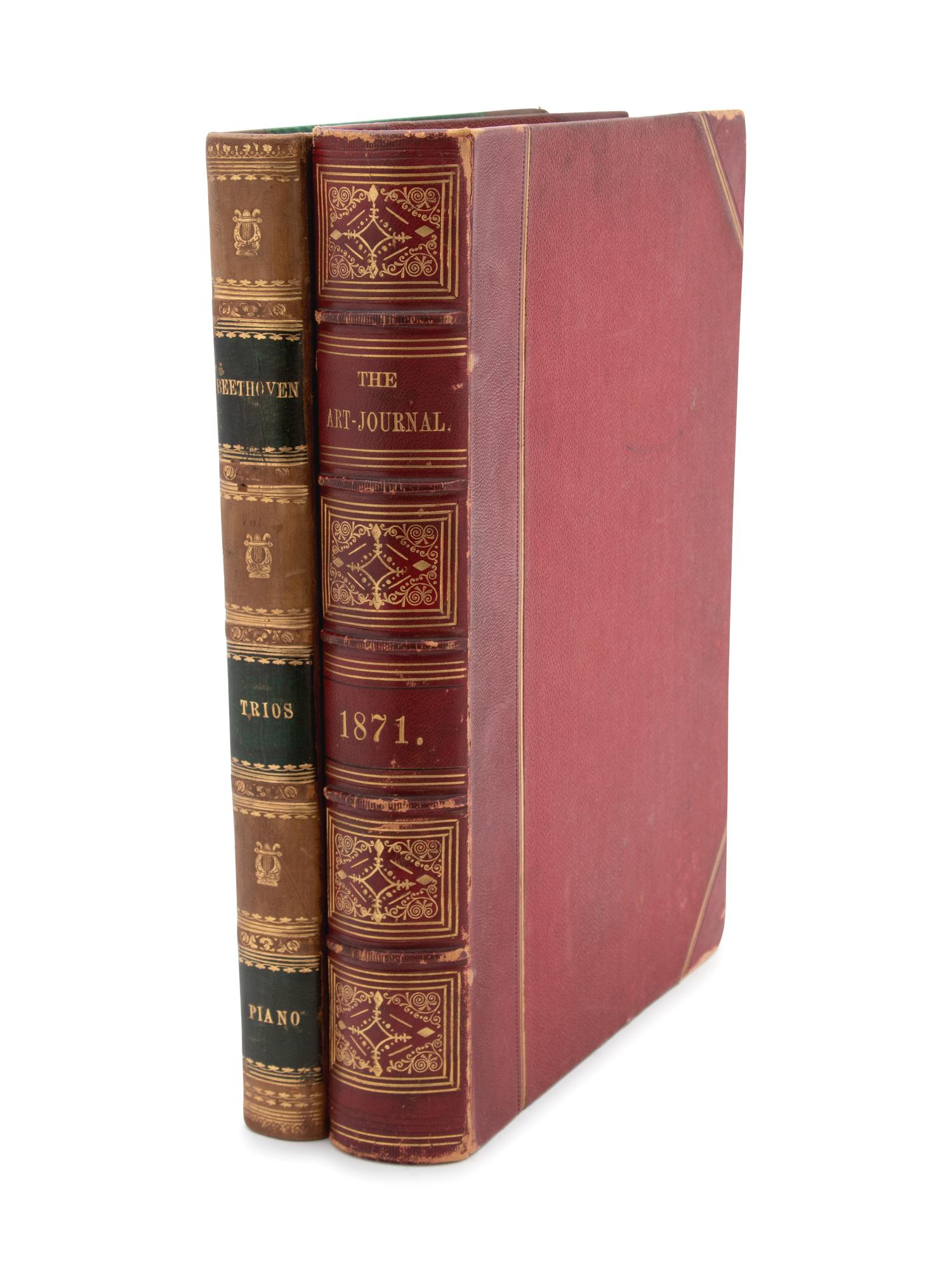 BINDINGS, Virtue & Co., London 1871 and Leipzig Verlag, The Art Journal 1871 Vol. X and Ludwig van Beethoven's Werke, Seriell Trios fur Pianoforte, Violine und Violoncell; large folio.