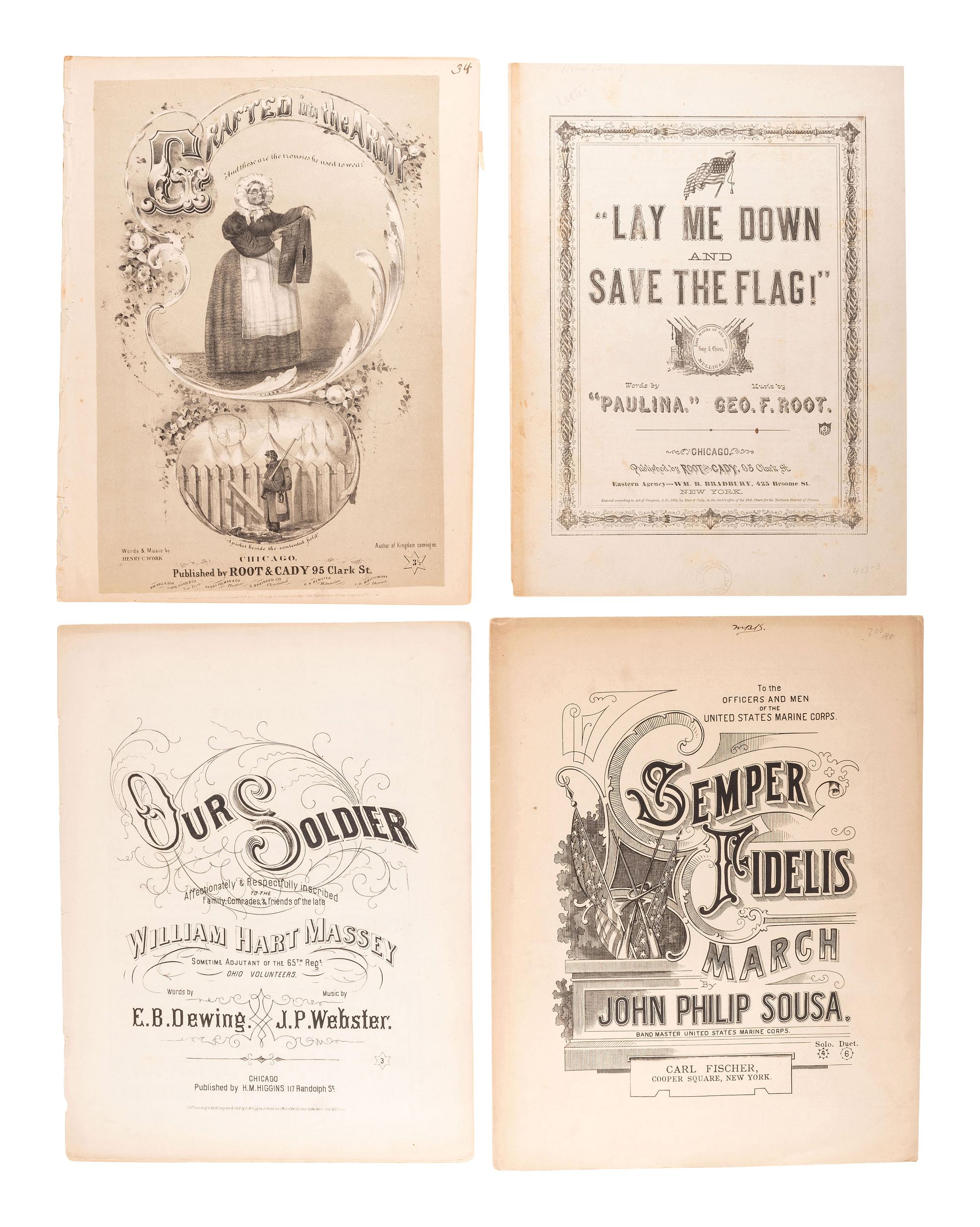 [CIVIL WAR]. 170+ Sheet music, incl. over 50 Civil War songs and many pre-Fire Chicago imprints.