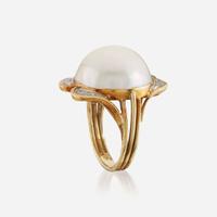 Two cultured pearl, diamond, and gold rings