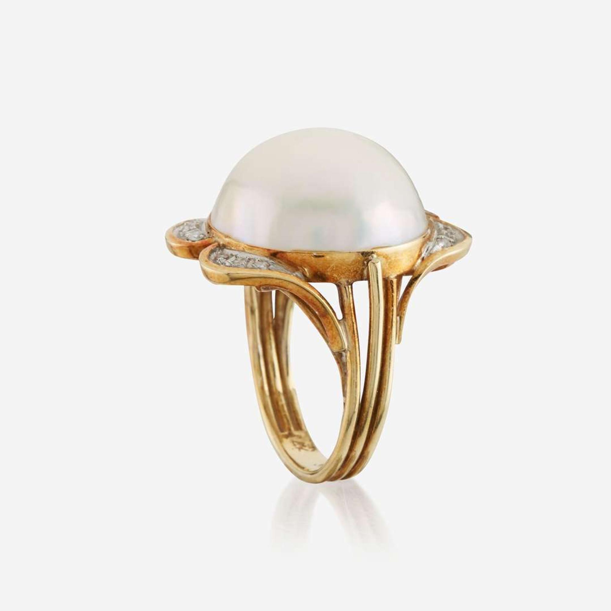 Two cultured pearl, diamond, and gold rings