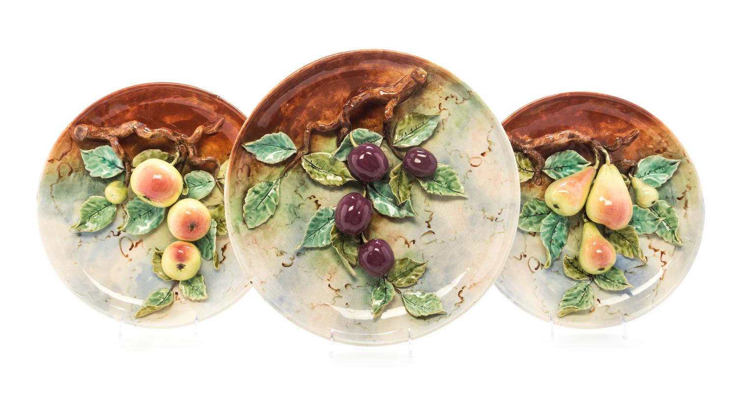 Three French Majolica Trompe L'oeil Chargers Diameter of largest 14 1/2 inches. — CIRCA 1890