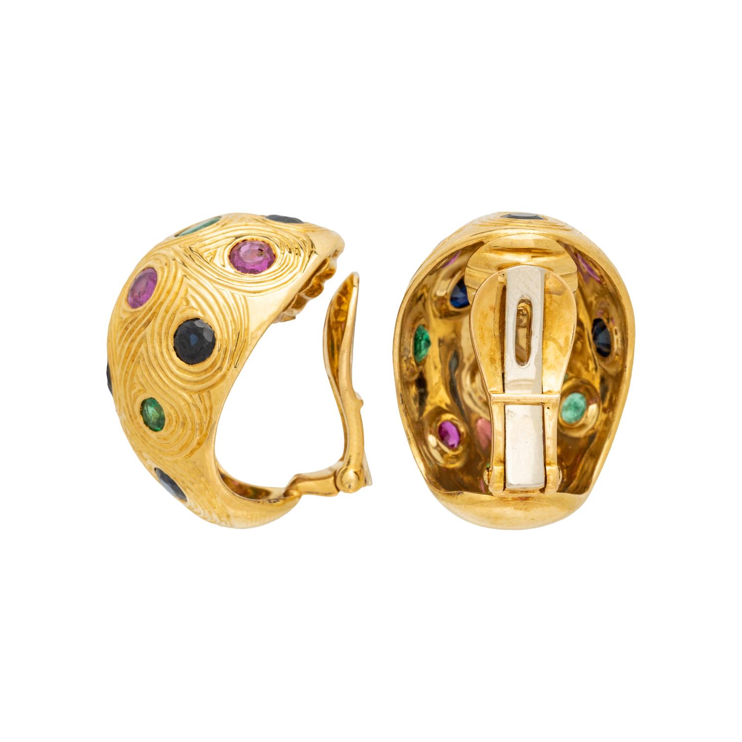 RUBY, EMERALD, AND SAPPHIRE CLIP EARRINGS