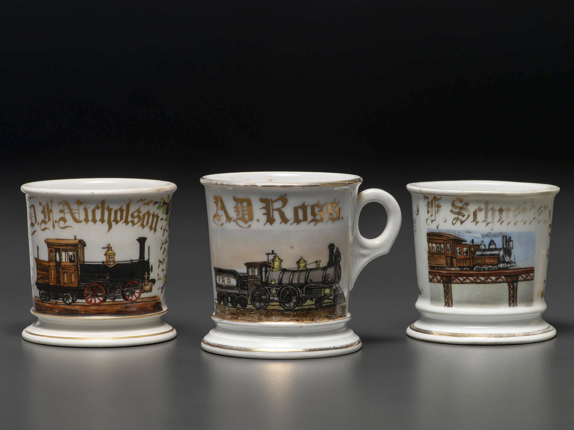 Three Railroad Worker's Porcelain Occupational Shaving Mugs