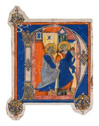 ANONYMOUS VENETIAN ARTIST Partial leaf from a Gradual, with a historiated initial ‘N’ of the Liberation of St. Peter, in Latin, illuminated manuscript on parchment [Italy, Venice, c. 1290-1300]