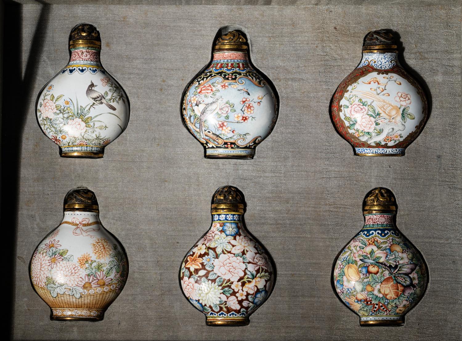 A Set of Six Peking Enamel on Copper Snuff Bottles
