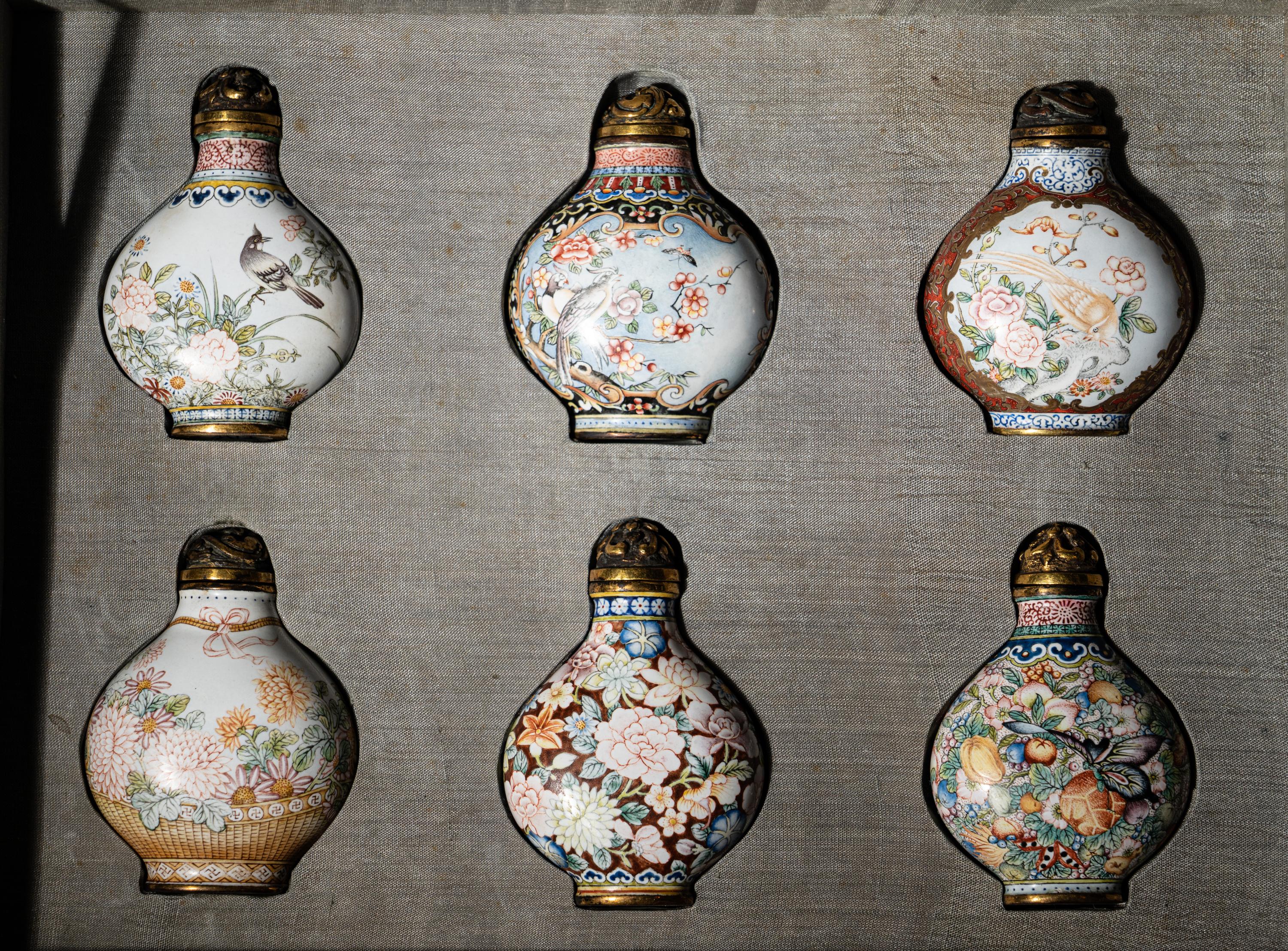 A Set of Six Peking Enamel on Copper Snuff Bottles