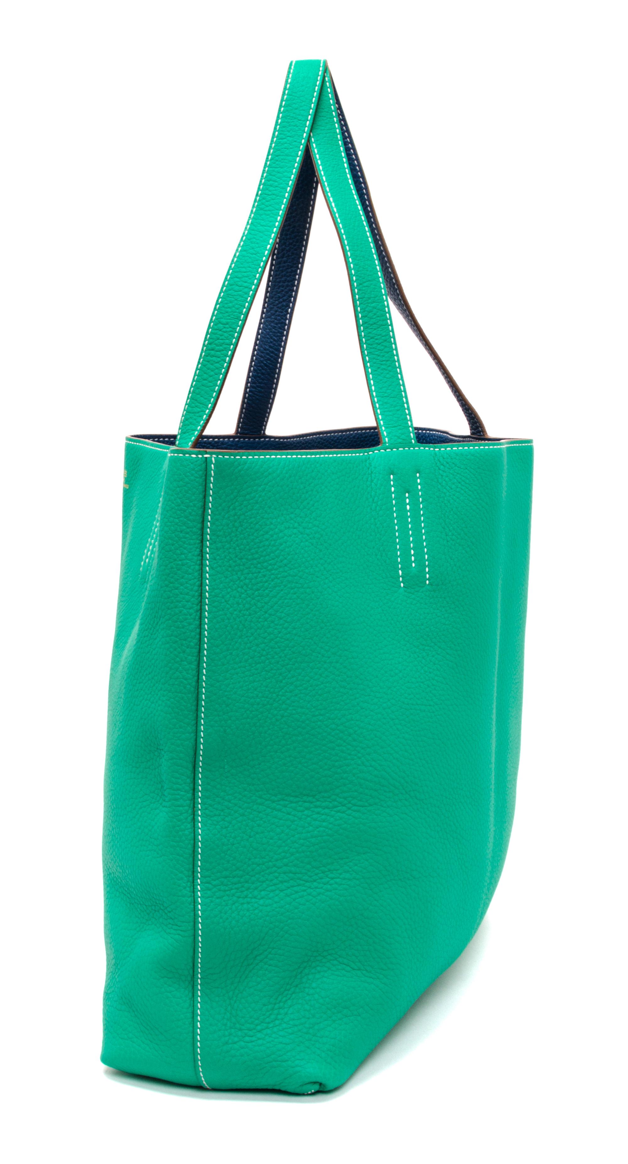 An Hermes Bleu Thalassa/Menthe 45cm Taurillon Clemence Double Sens Tote, 17.5" x 15.5" x 5".