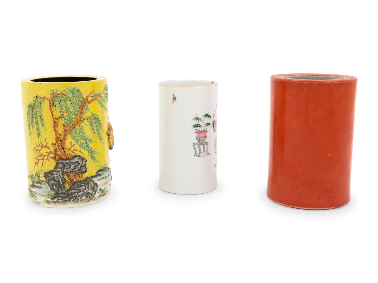 Three Chinese Porcelain Brush Pots, Bitong