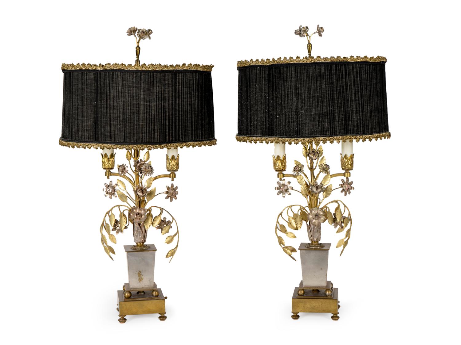 A Pair of Parcel-Gilt Brass Flowering Urns Mounted as Lamps — 20TH CENTURY