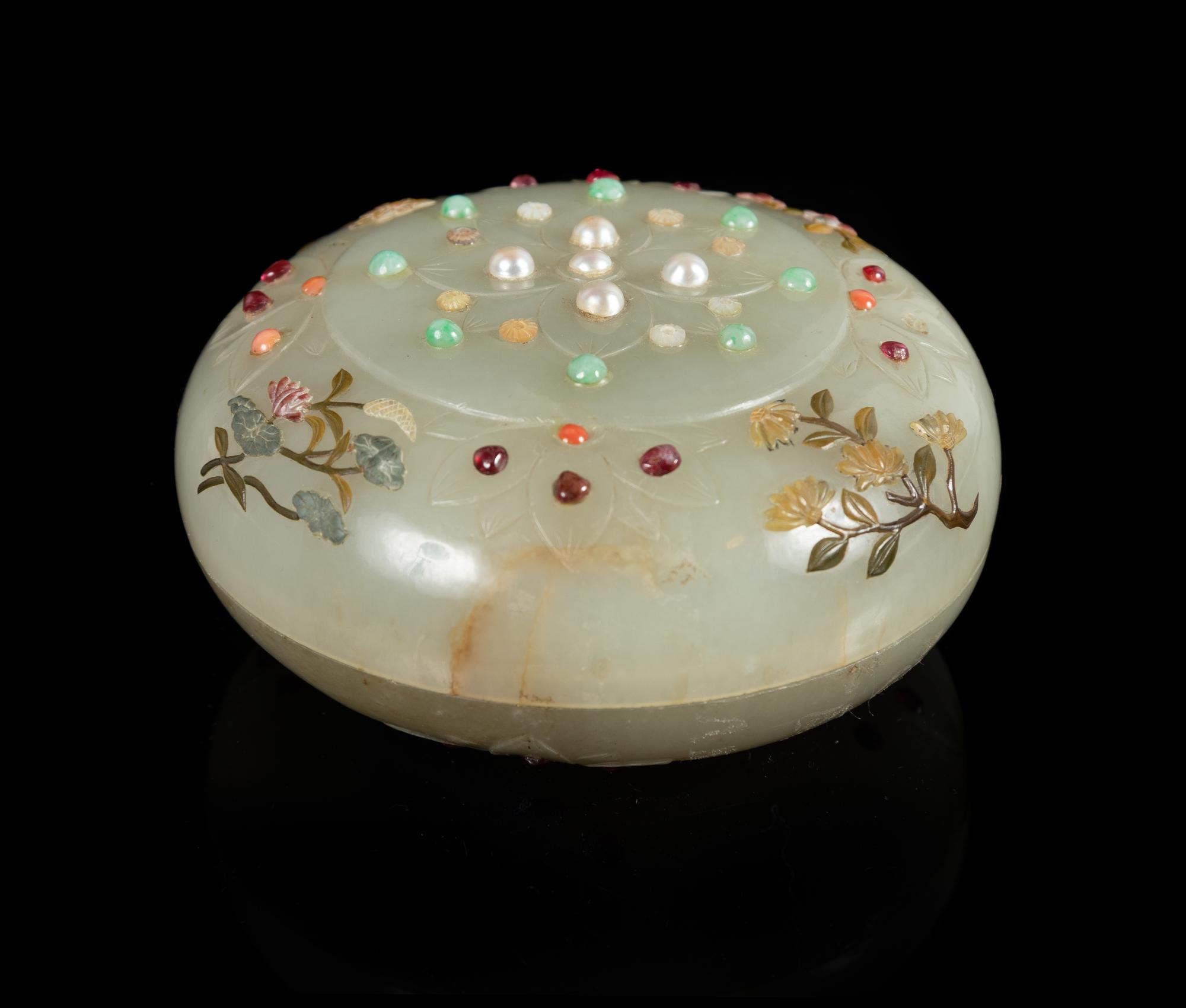 A Hardstone Inset Jade Covered Box Diameter 3 1/2 inches. — 20TH CENTURY