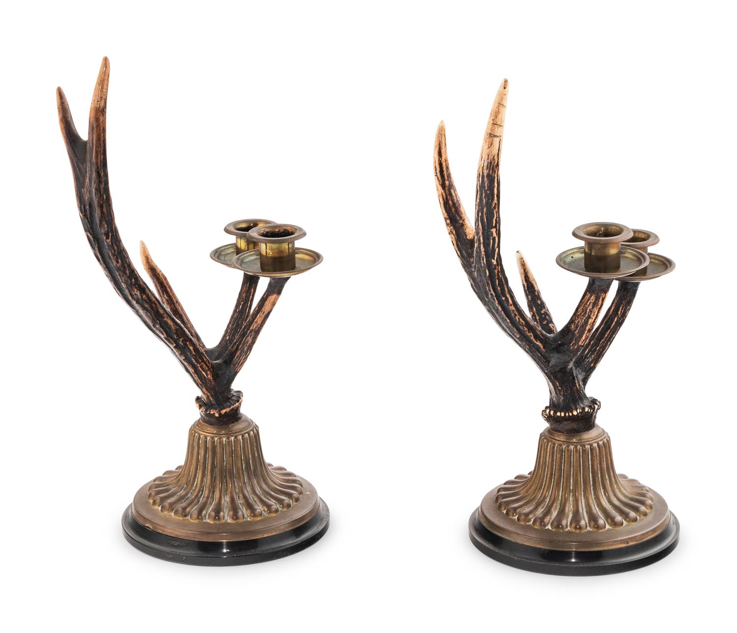 A Pair of German Antler-Mounted Two-Light Candelabra