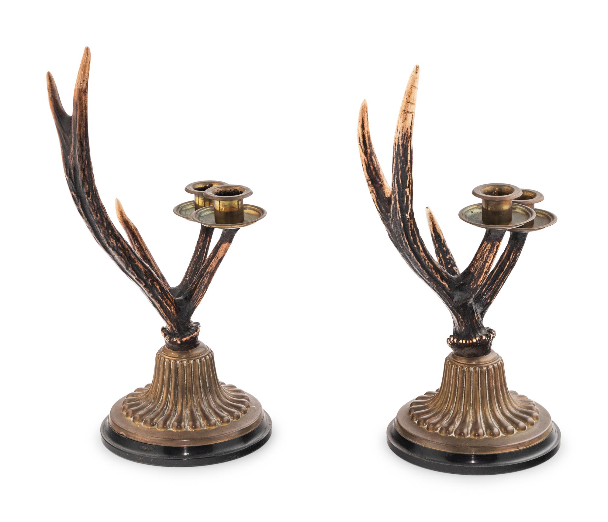 A Pair of German Antler-Mounted Two-Light Candelabra