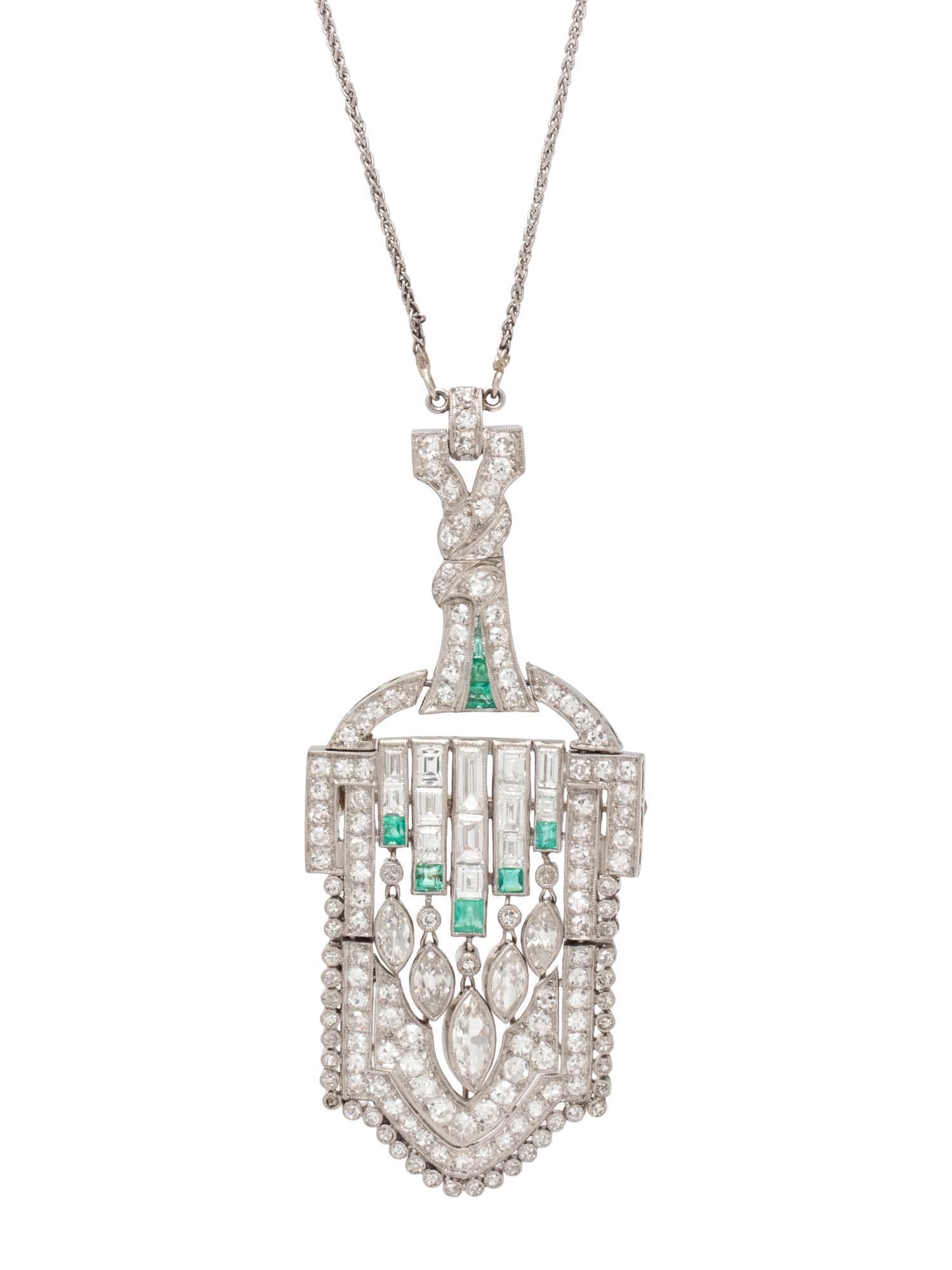 ART DECO, DIAMOND AND EMERALD PENDANT NECKLACE
