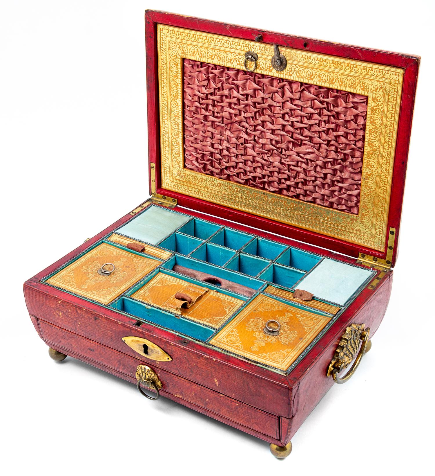 Two Regency Brass Inlaid Sewing Boxes Larger example: height 4 3/8 x width 11 x depth 8 inches. — 19TH CENTURY