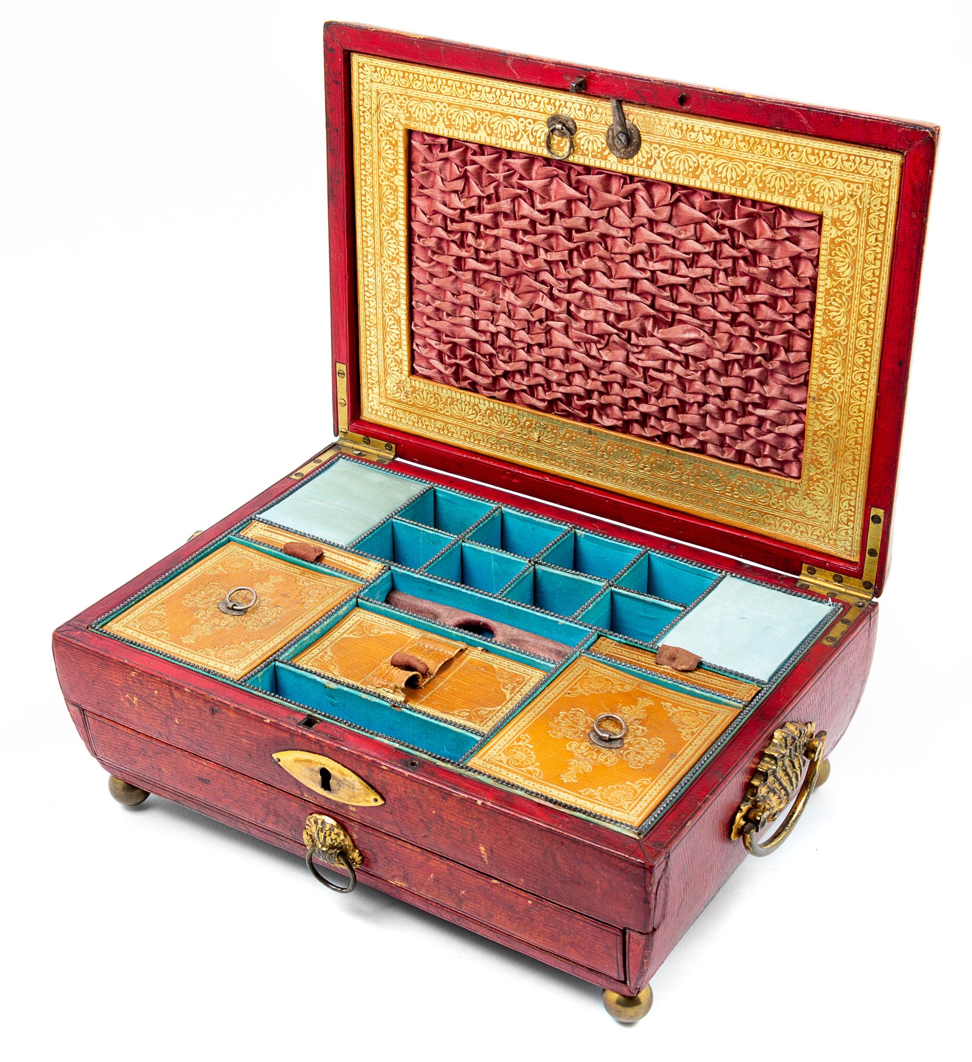 Two Regency Brass Inlaid Sewing Boxes Larger example: height 4 3/8 x width 11 x depth 8 inches. — 19TH CENTURY