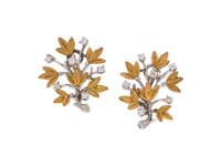 BUCCELLATI, BICOLOR GOLD AND DIAMOND LEAF MOTIF EARCLIPS