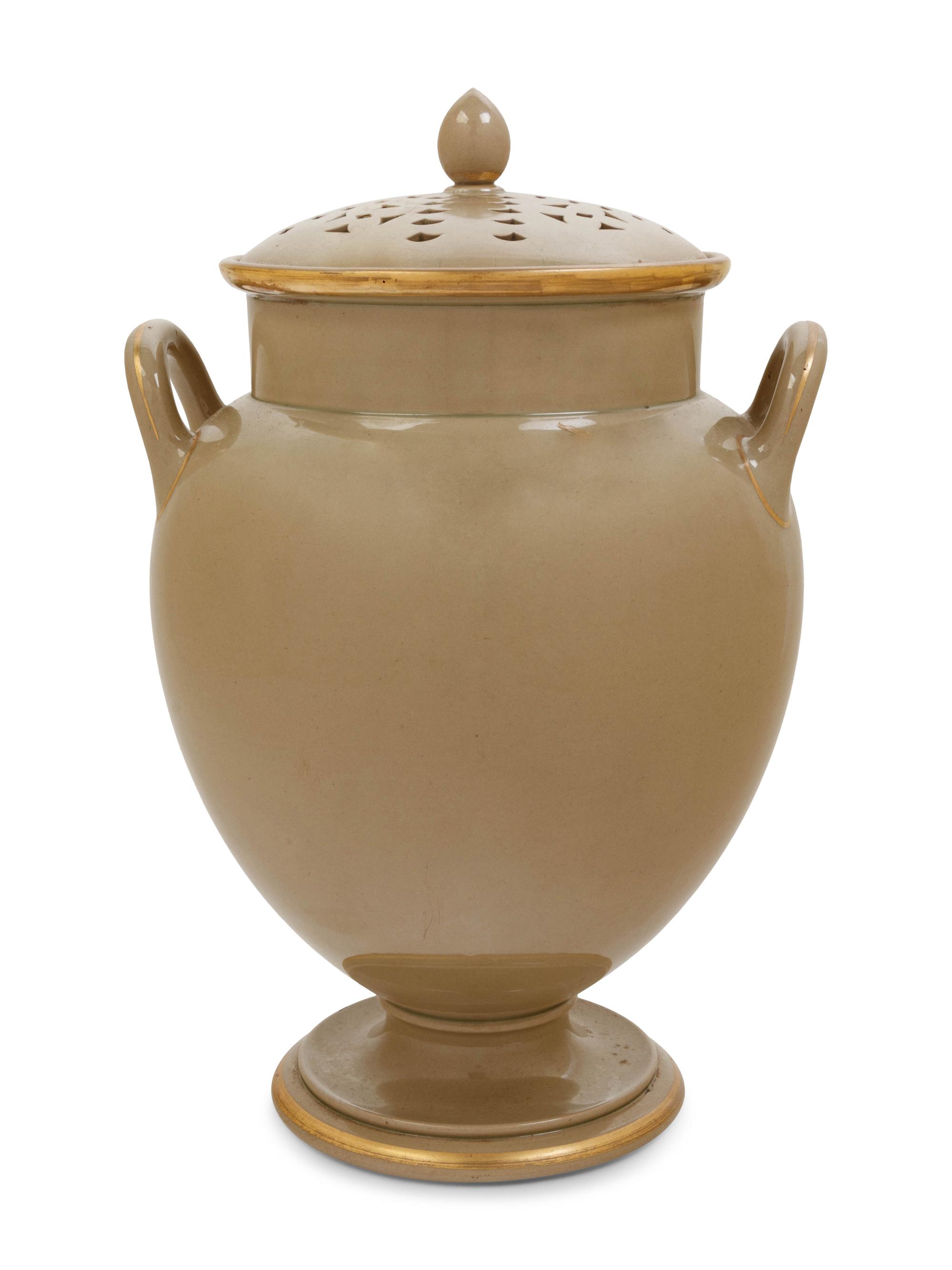 An English Parcel Gilt Porcelain Potpourri Jar and Pierced Cover