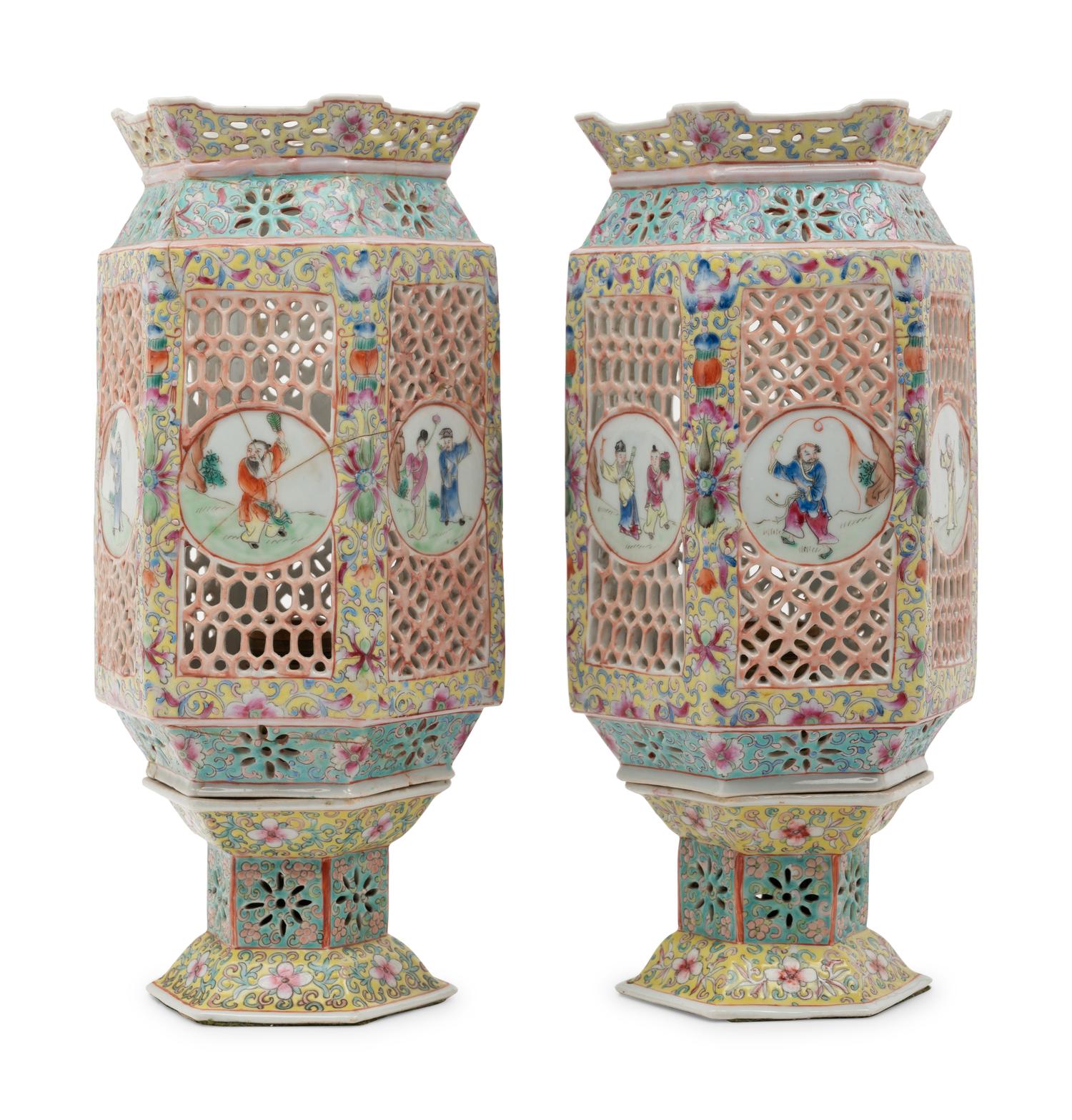 A Pair of Chinese Famille Rose Reticulated Lanterns