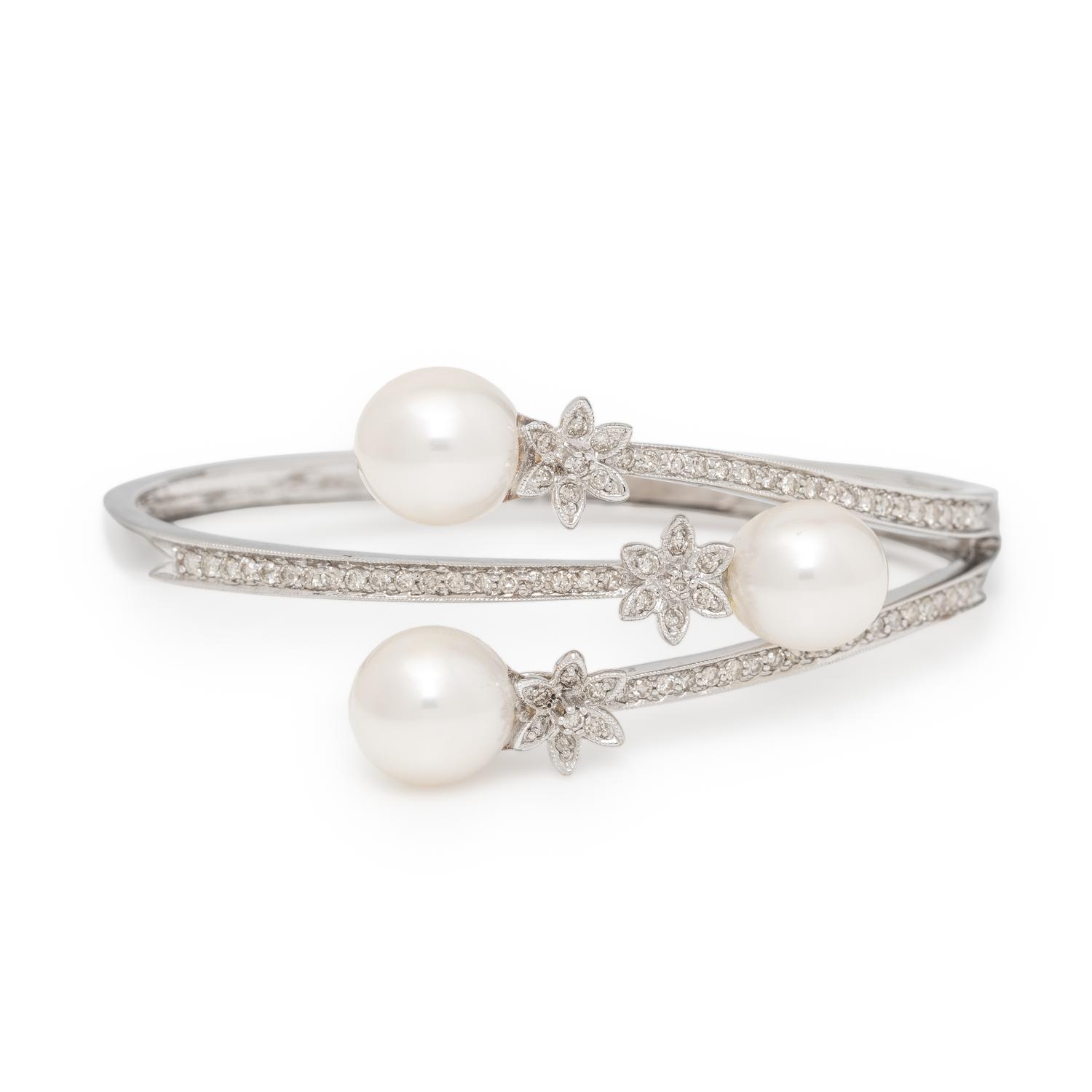 Cultured Pearl, Diamond, and White Gold Bracelet