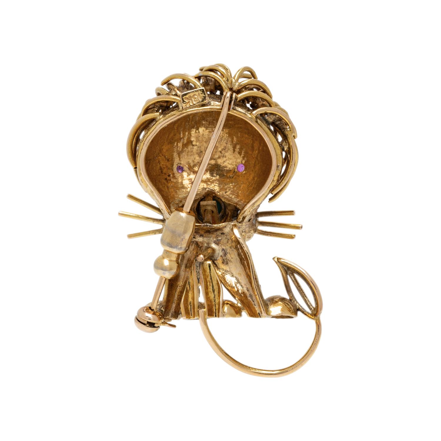 GOLD, DIAMOND, TURQUOISE, AND RUBY LION BROOCH