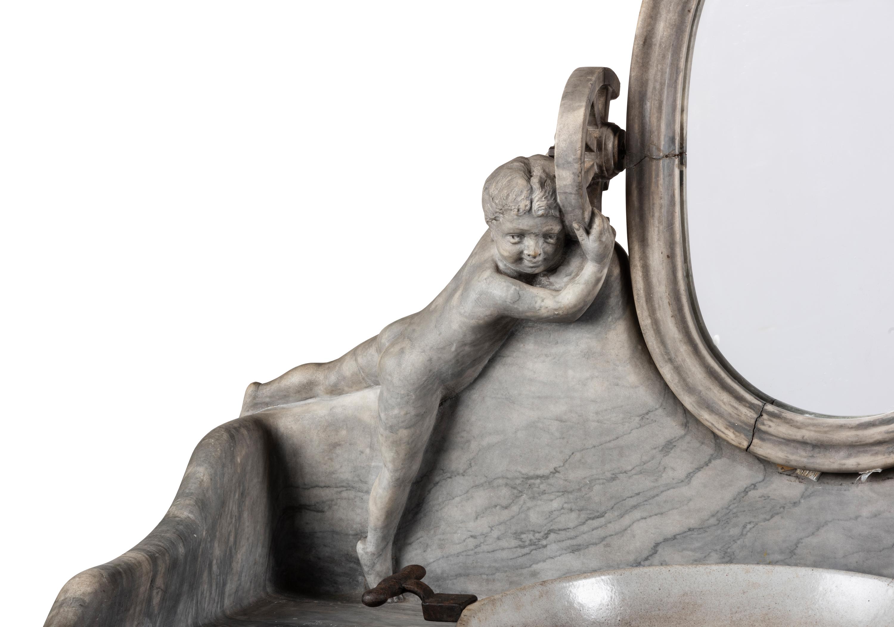 An Art Nouveau Putti-Carved Marble and Iron Figural Washstand