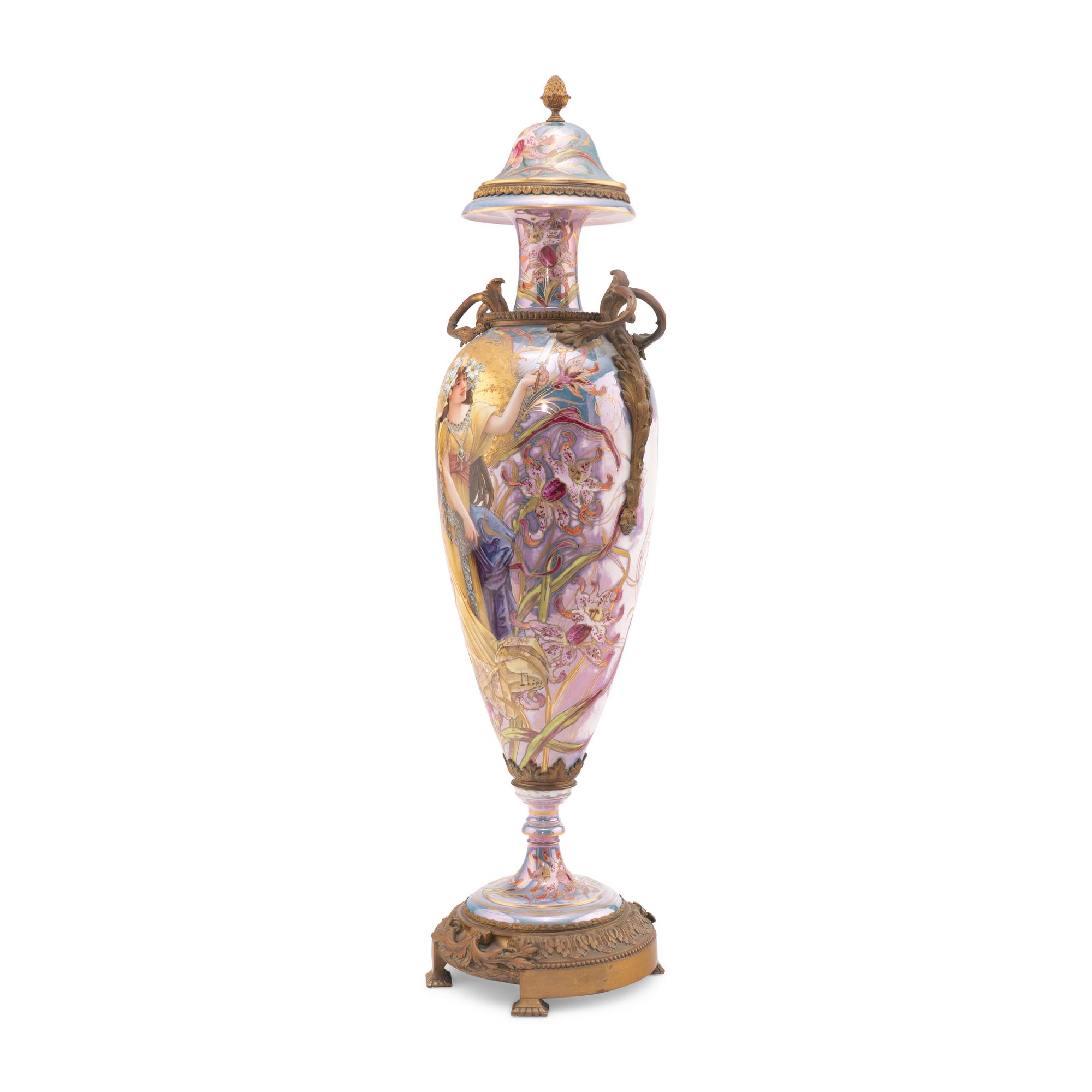 A Sèvres Style Gilt Bronze Mounted Porcelain Urn