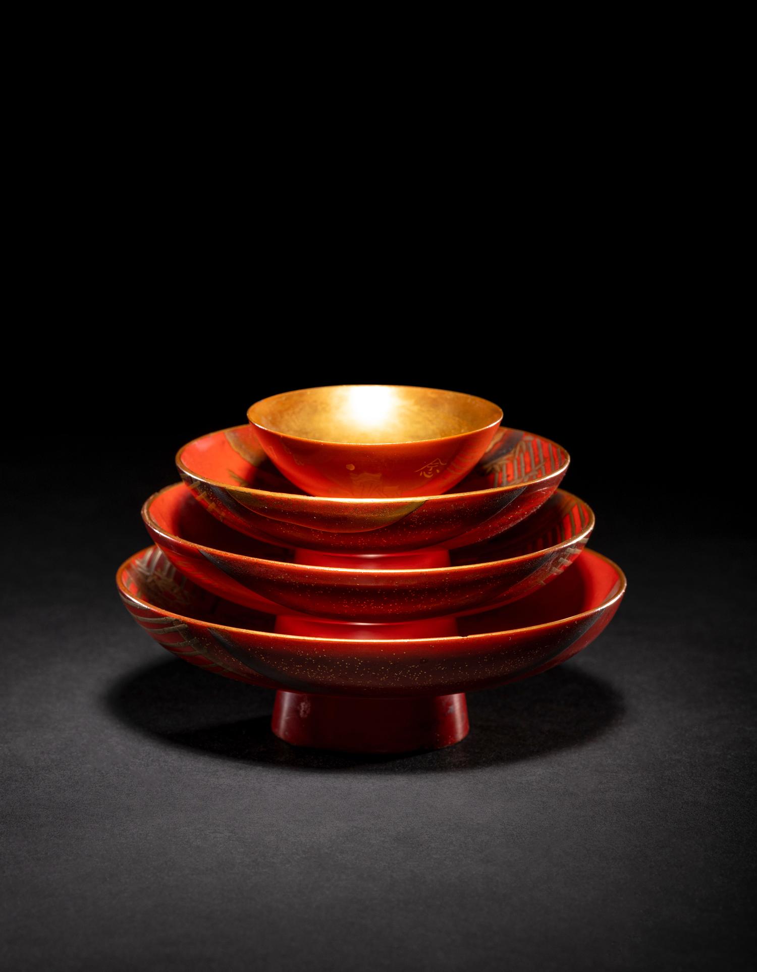 A Set of Three Japanese Gilt Decorated Red Lacquered Stem Dishes