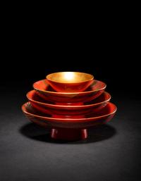 A Set of Three Japanese Gilt Decorated Red Lacquered Stem Dishes