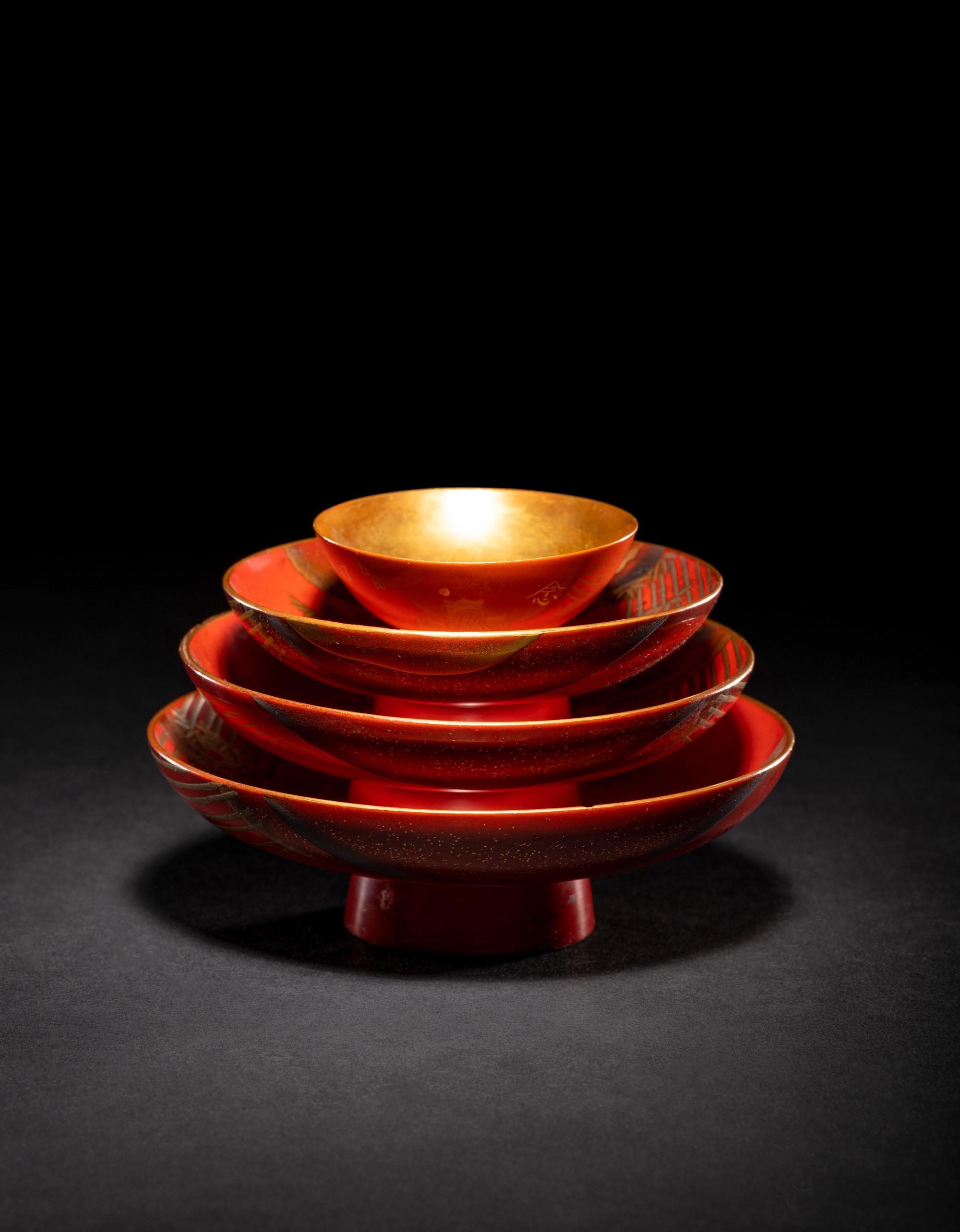 A Set of Three Japanese Gilt Decorated Red Lacquered Stem Dishes