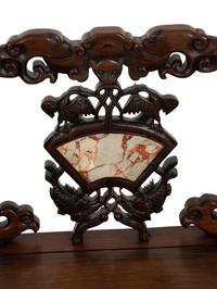 A Pair of Chinese Carved Hardwood Side Chairs with Marble Inset Back Panel