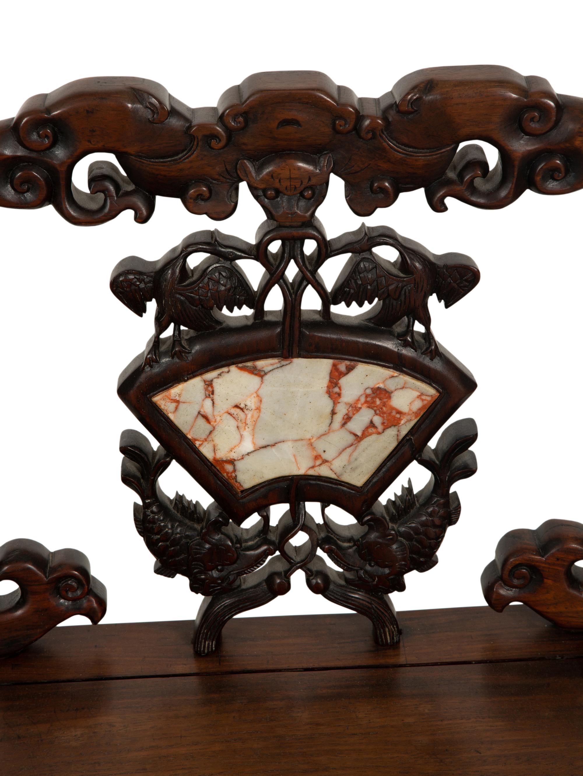 A Pair of Chinese Carved Hardwood Side Chairs with Marble Inset Back Panel