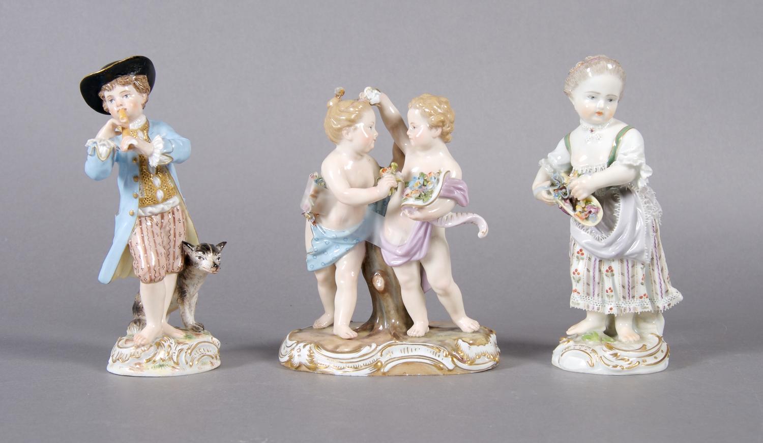 A Group of Three Meissen Figures, Height of tallest 5 1/2 inches.