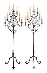 A Pair of Wrought Iron Seven-Light Floor Candelabra Height 66 1/2 inches. — 20TH CENTURY