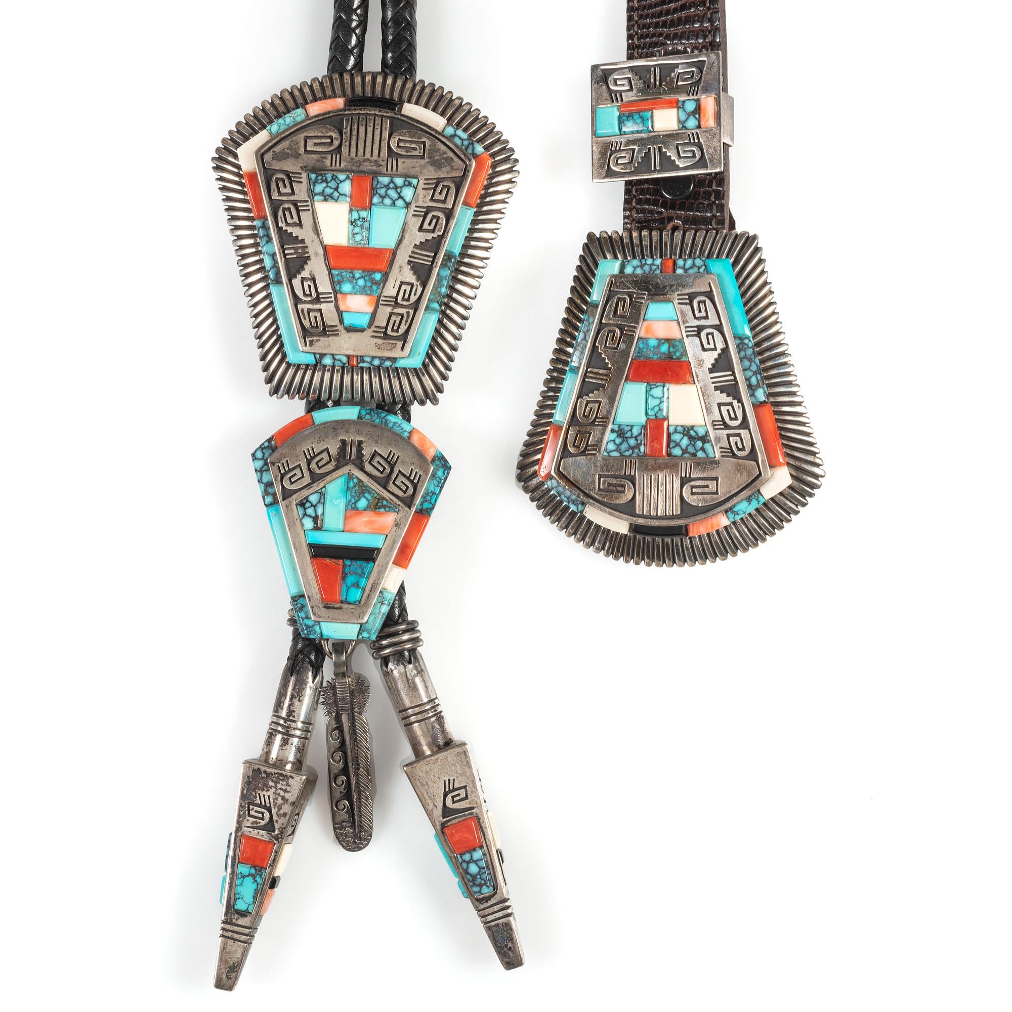 Sterling Silver and Mosaic Inlay Bolo Tie and Ranger Set