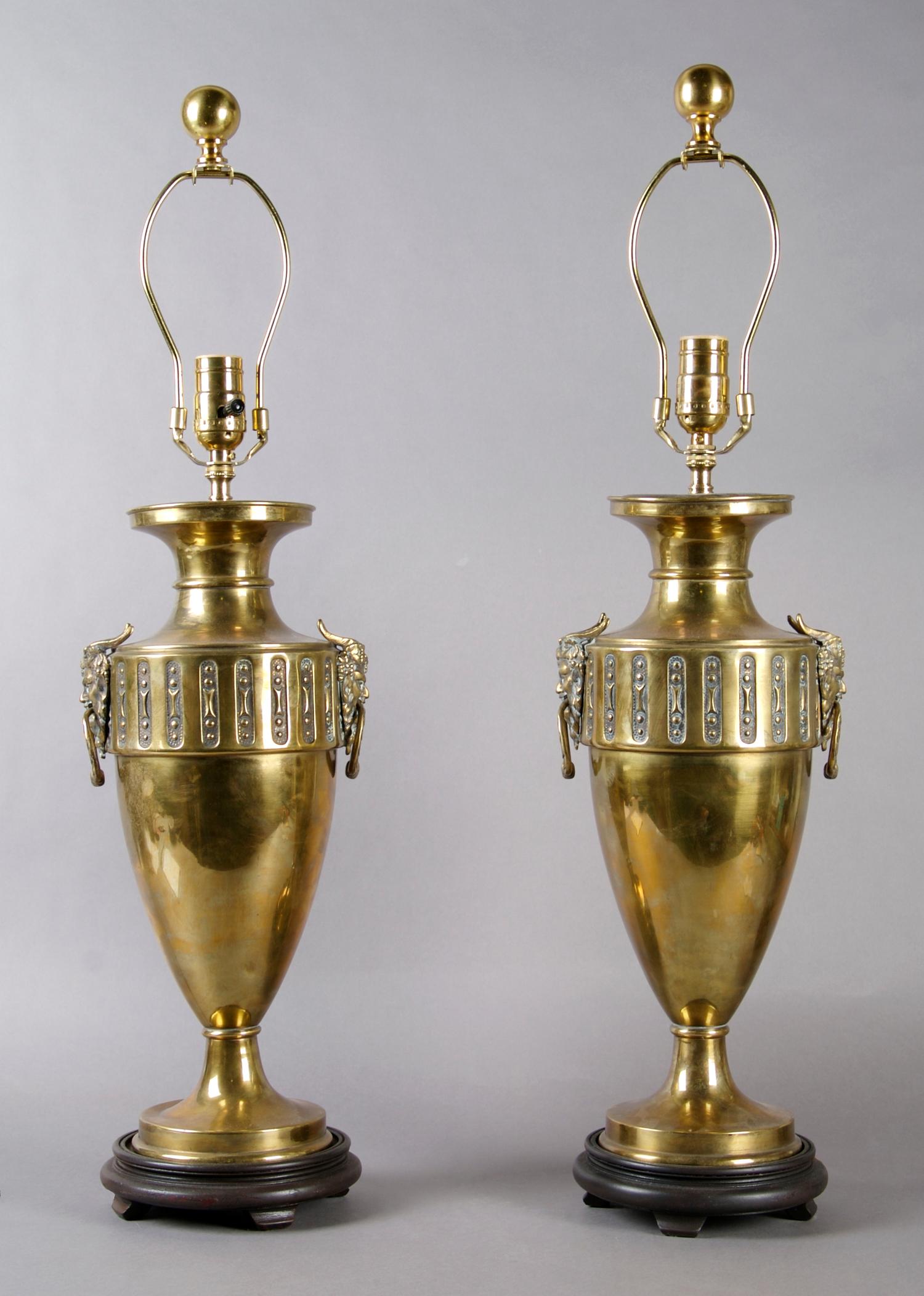 A Pair of Neoclassical Brass Urns, Height overall 28 1/2 inches.
