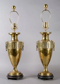 A Pair of Neoclassical Brass Urns, Height overall 28 1/2 inches.