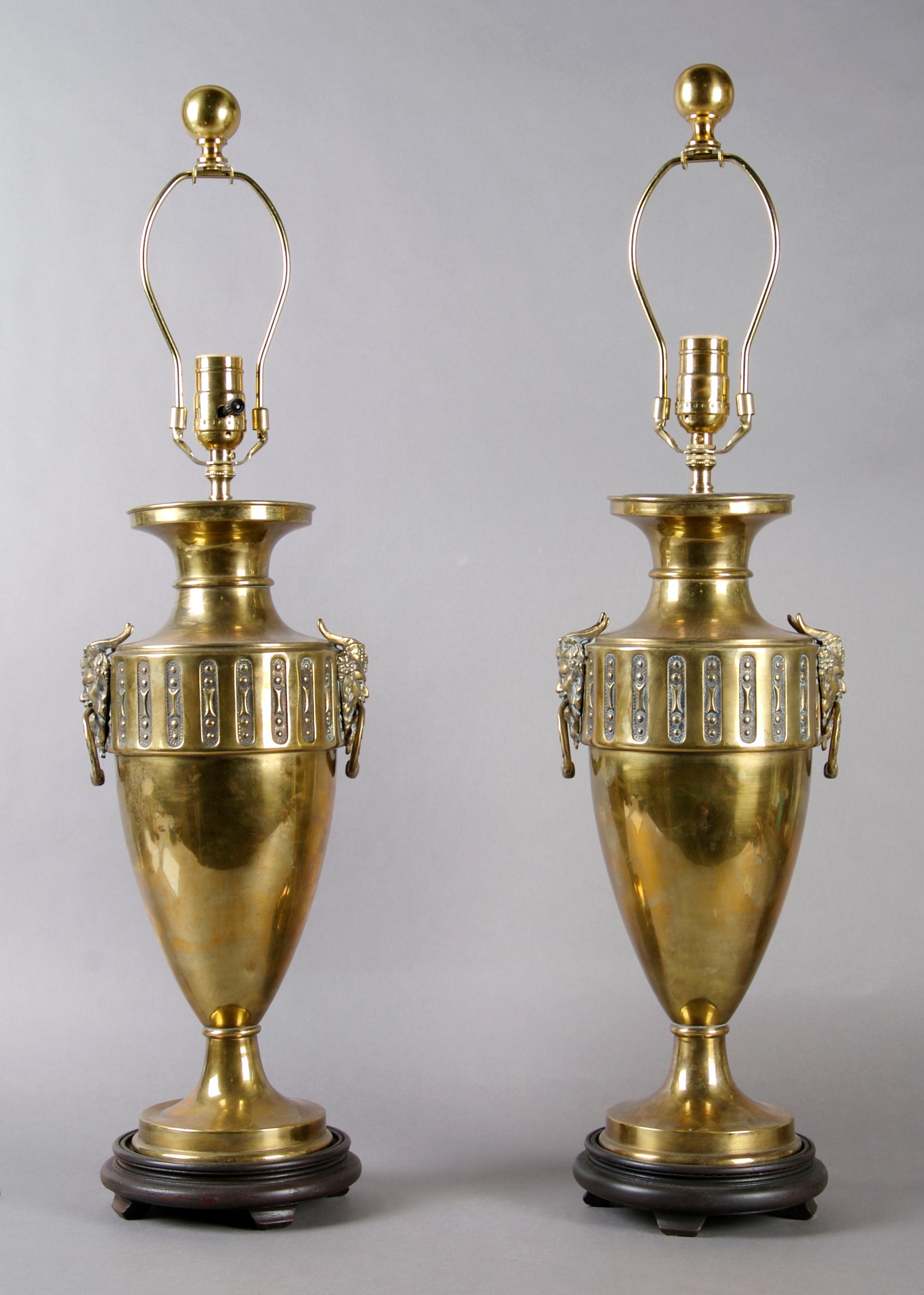 A Pair of Neoclassical Brass Urns, Height overall 28 1/2 inches.
