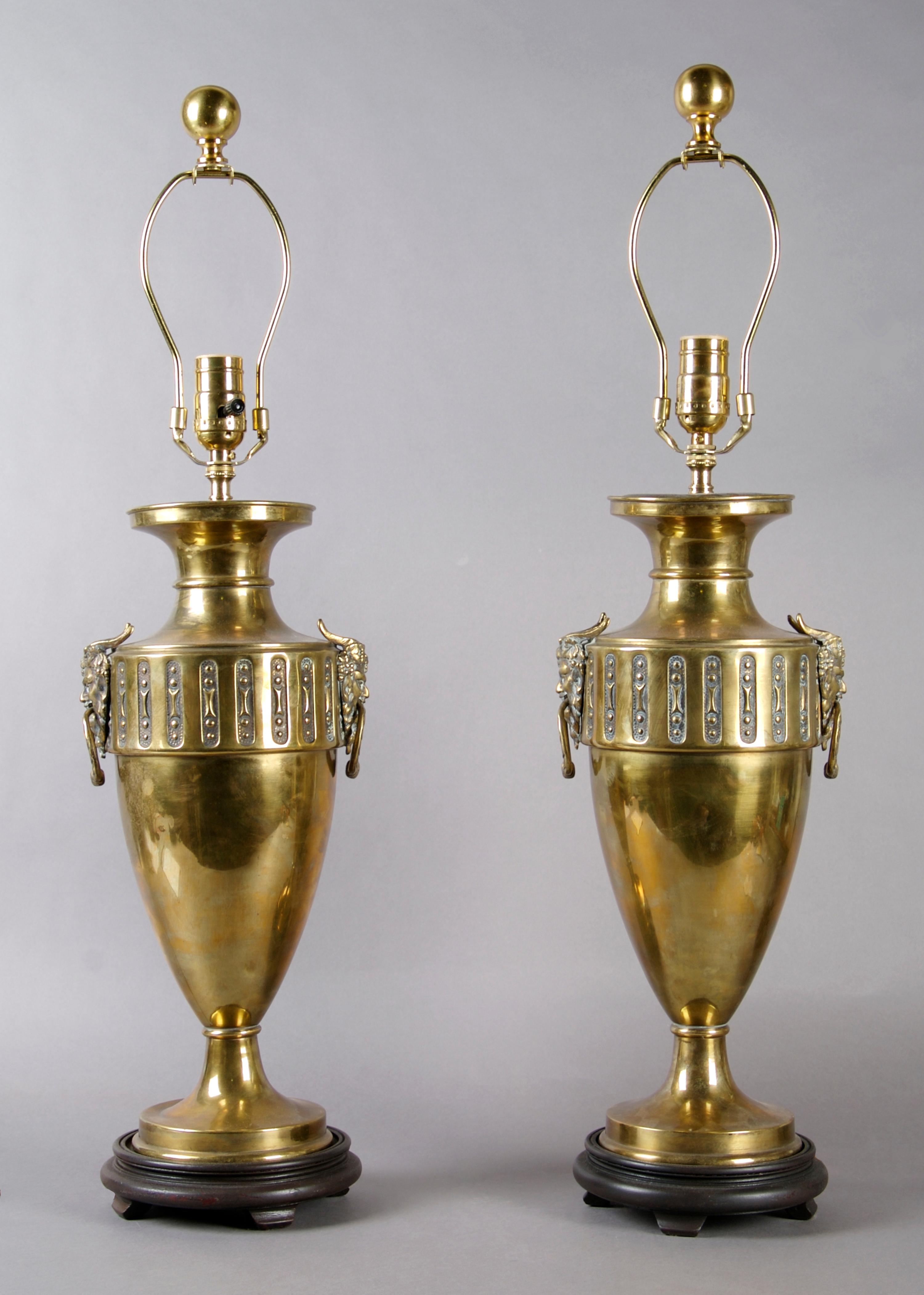 A Pair of Neoclassical Brass Urns, Height overall 28 1/2 inches.