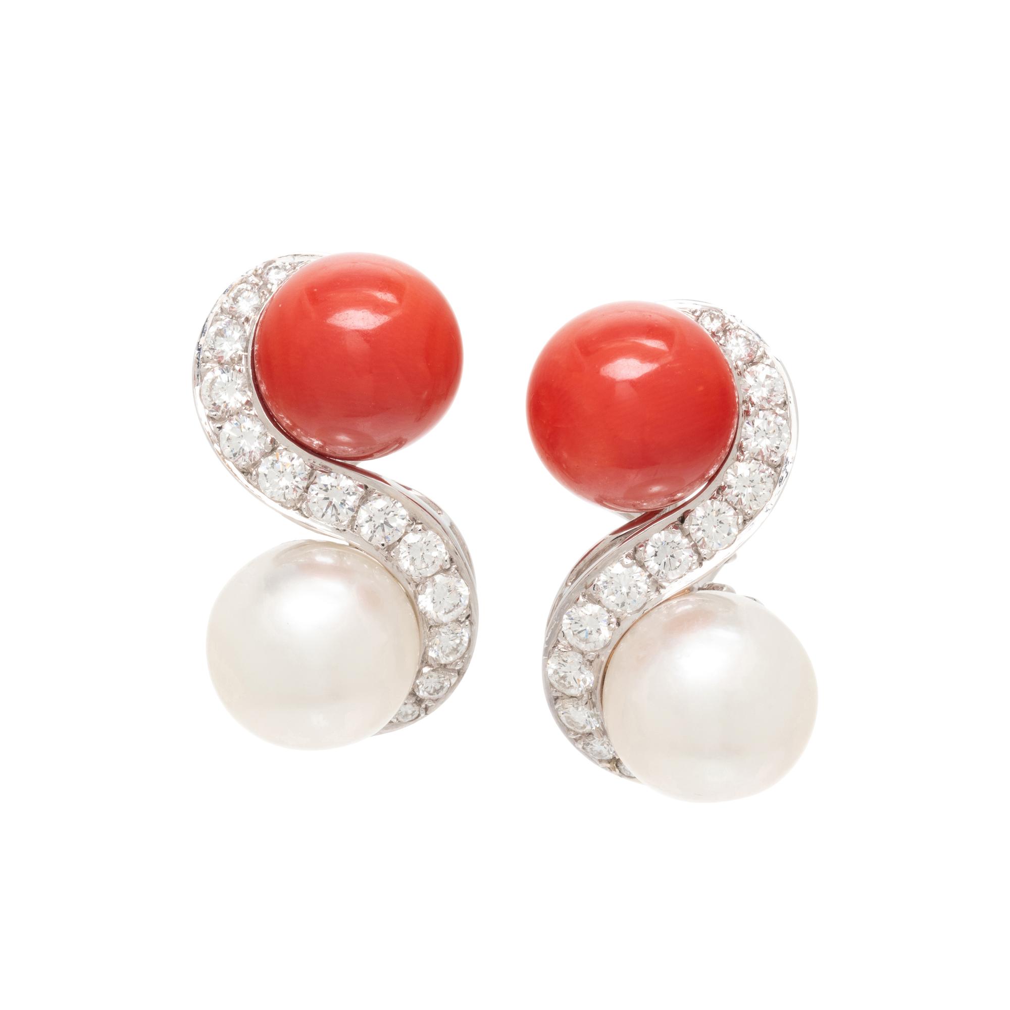 SEAMAN SCHEPPS, CULTURED PEARL, CORAL AND DIAMOND EARCLIPS