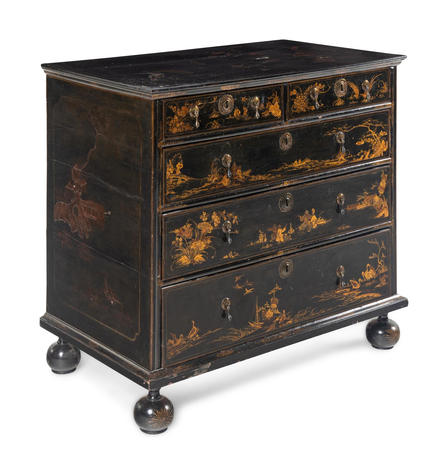 A William and Mary Black and Gilt-Japanned Chest of Drawers