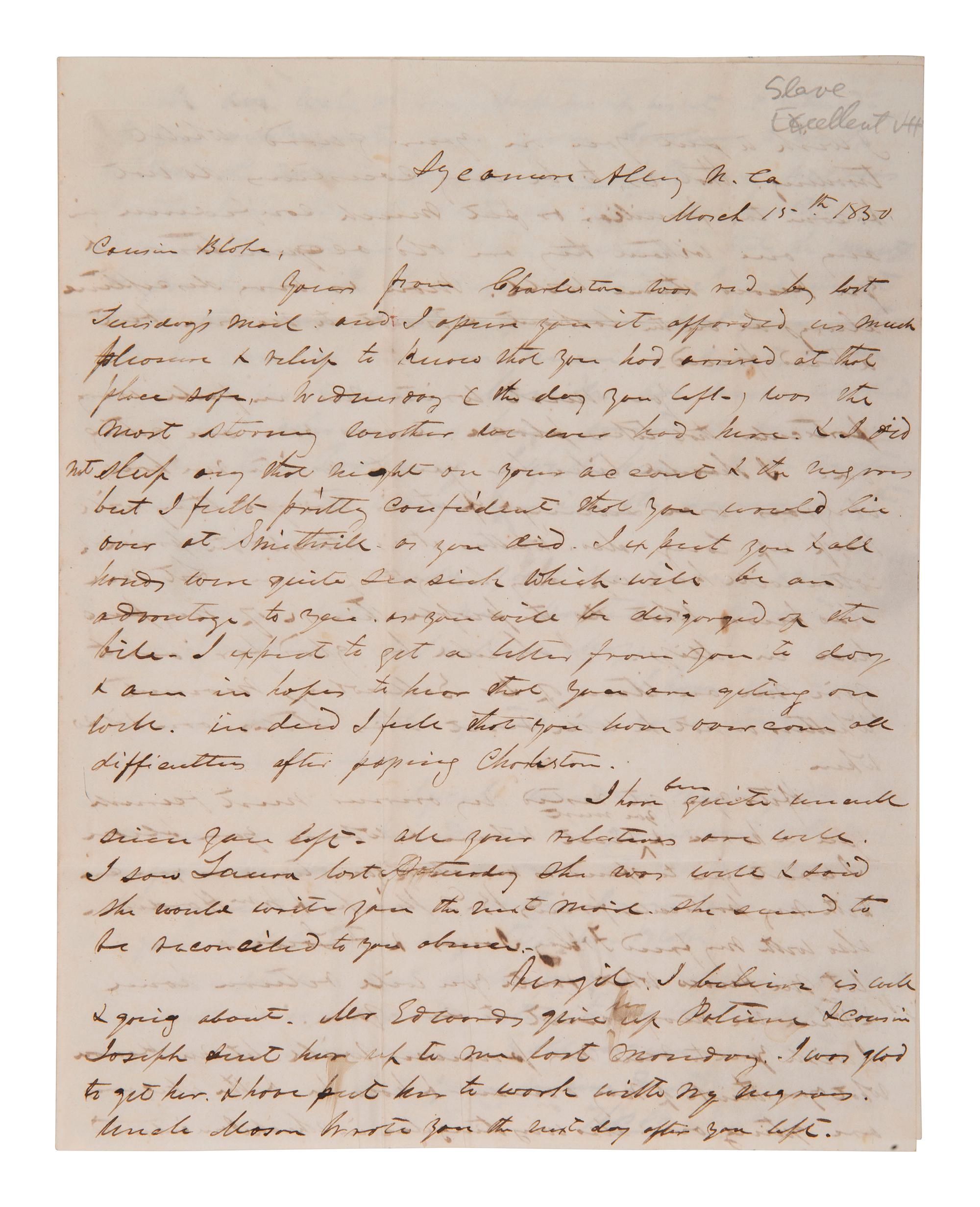 [ENSLAVEMENT]. 2 letters regarding the effects of heat and sun exposure on enslaved persons. 1850.